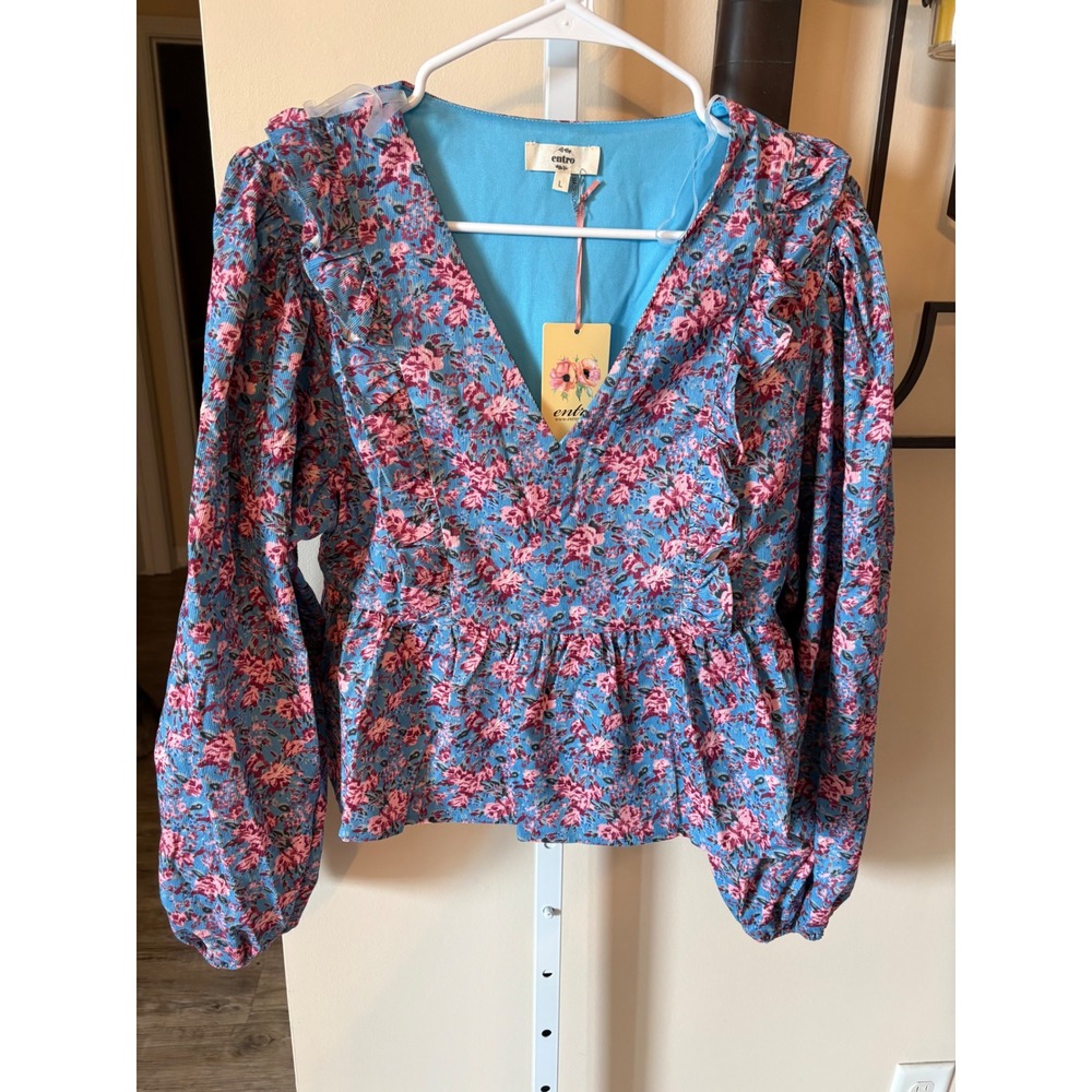 Entro Blue Pink Floral Corduroy Peplum Top V-Neck Ruffle Long Sleeve Blouse L